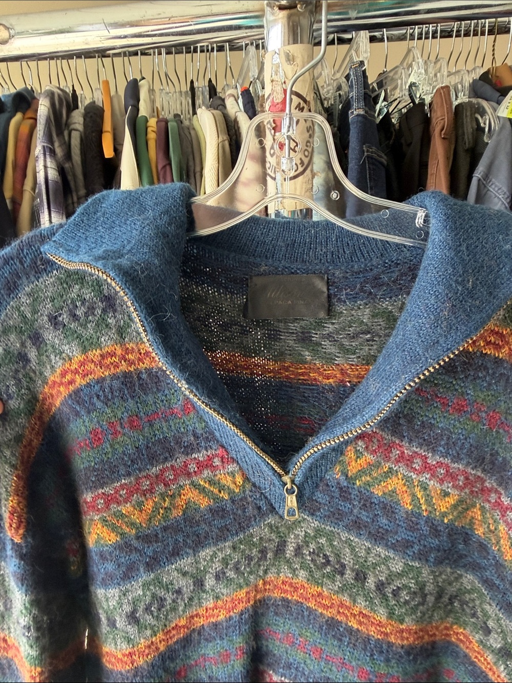 Alpaca Wool Men's Blue Patterned Half-Zip Sweater - Picture 4 of 4
